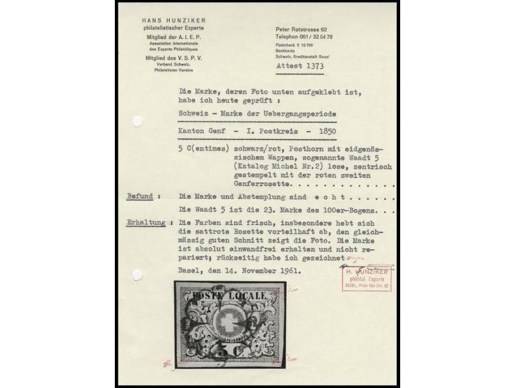 1850, Waadt 5 C. schwarz/rot, farbfrisch, allseits breitrandig mit zentrischer sattroter Genfer Rosette, Kabinett, signiert u