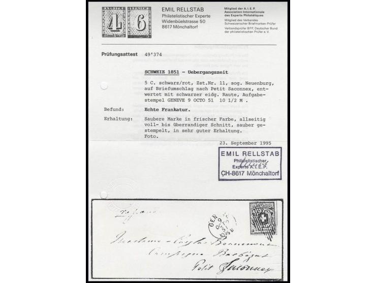 5 C. schwarz/rot, farbfrisch, voll- bis überrandig mit schwarzer Raute auf Brief mit Aufgabe-Nebenstempel "GENEVE 9 OCTO 51" 