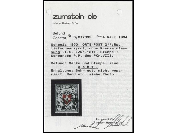 Ortspost mit Kreuzeinfassung: 2 ½ Rp. schwarz/rot, farbfrisch, voll- bis breitrandig mit schwarzem "PP", Kabinett, Fotoattest