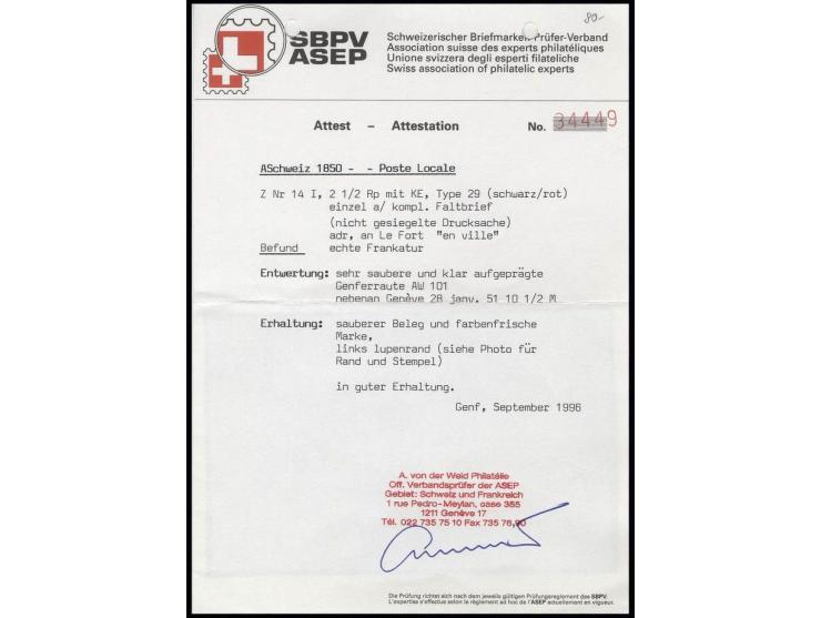 2 ½ Rp. schwarz/rot, Type 29, links leicht tangiert, sonst voll- bis breitrandig mit Genfer Raute auf kpl. Ortsbrief, Fotoatt