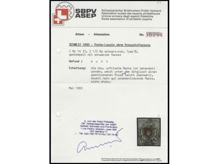 ohne Kreuzeinfassung: 2 ½ Rp. schwarz/rot, Type 3, voll- bis breitrandig mit schwarzer Raute, geschlossener Riss und leicht ü