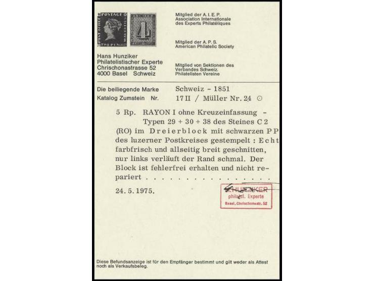 1851, Rayon I 5 Rp. blau/rot, Stein CII, 3er-Block, voll- bis meist breitrandig mit schmalem unteren Bogenrand, mit jeweils s