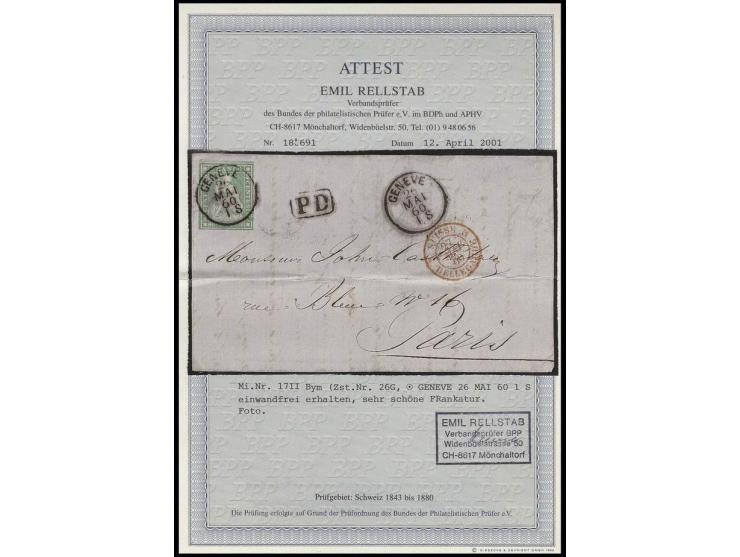 1854/59, Strubli-Ausgabe, später Berner Druck 40 Rp. gelblichgrün, sehr schön gerandet, oben mit Teil der Nachbarmarke, mit i
