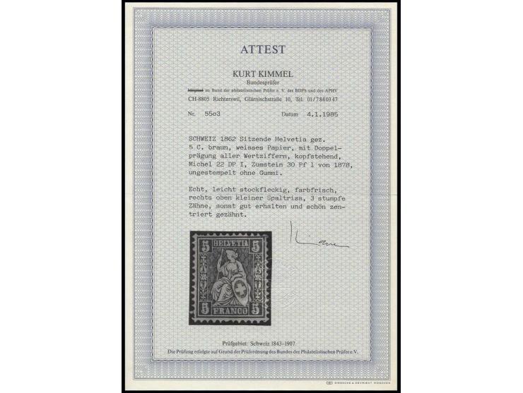 1862/81, Sitzende Helvetia auf weißem Papier: 5 C. braun mit Doppelprägung, davon eine kopfstehend, ungebraucht ohne Gummi, k