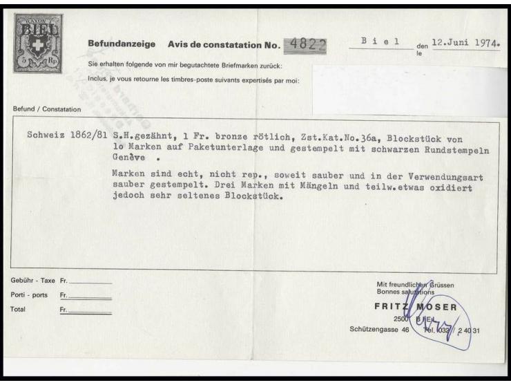 1 F. goldbronze, rotbrauner Unterdruck, waagerechter 10er-Block mit Stempeln "GENEVE 14 DC. .." auf Leinenbriefstück, 3 Werte