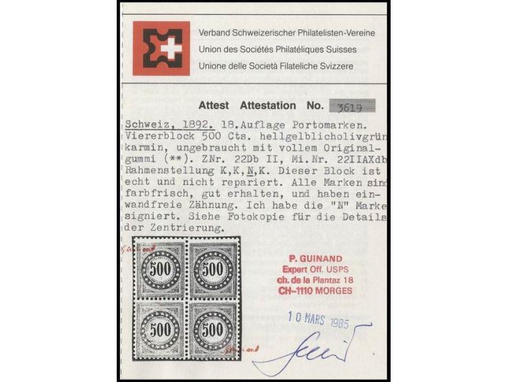 PORTOMARKEN: 1892/93, 18. Auflage 500 C. im 4er-Block, dabei die untere linke Marke mit normal stehendem Rahmen, die übrigen 