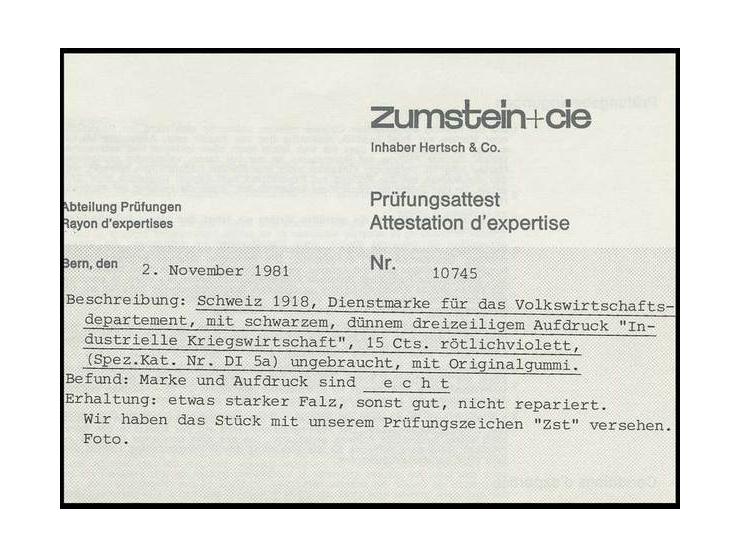 DIENSTMARKEN: 1918, Industrielle Kriegswirtschaft, dünner Aufdruck auf 15 C. rötlichviolett (Urmarke Mi.-Nr. 120d), ungebrauc