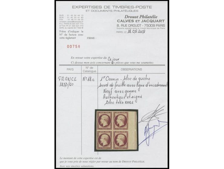 1 fr. carmin, bloc de quatre du bord du feuille avec ligne d'encadrement à droite; très bien margé et frais de couleur, neuf 