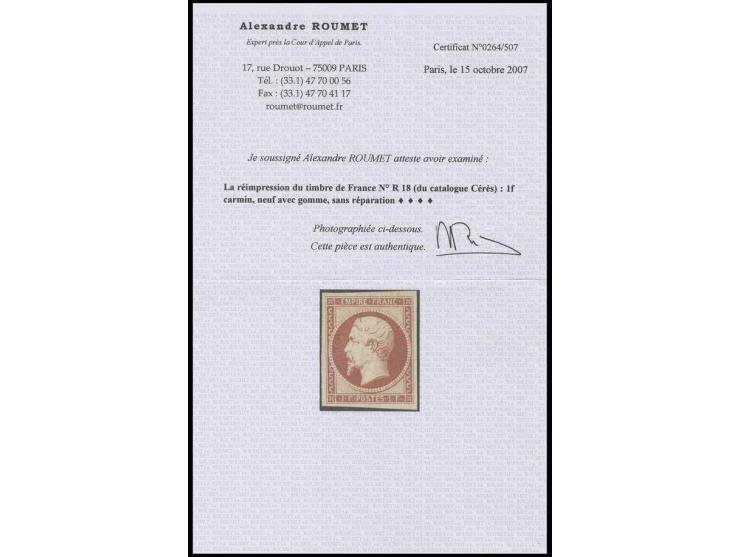 1 Fr. carmine, reimpressioin, bon margé, neuf avec gomme, petite fente dans la marge en haut, pas toucher le dessin, neuf ave