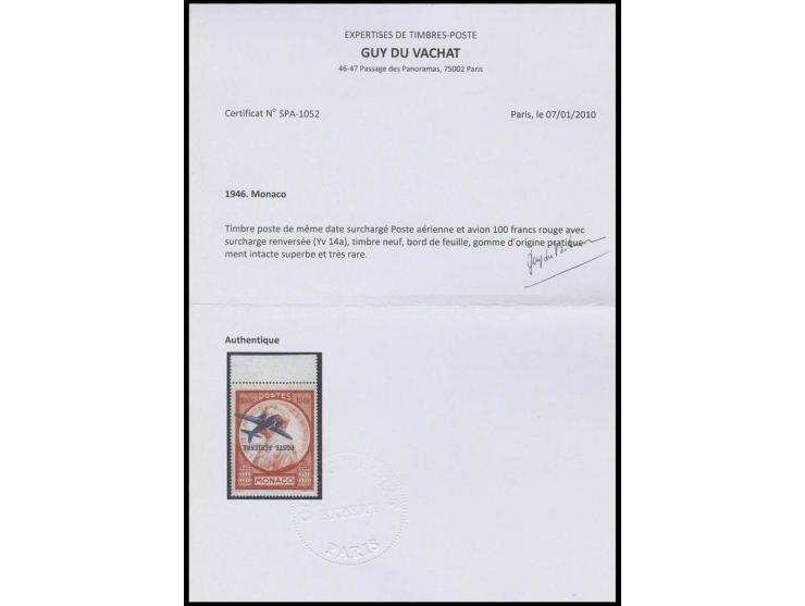 1946, poste aérienne 100 Fr. avec surcharge renversé, bord de feuille, neuf, gomme d'origine pratiquement intacte, superbe et