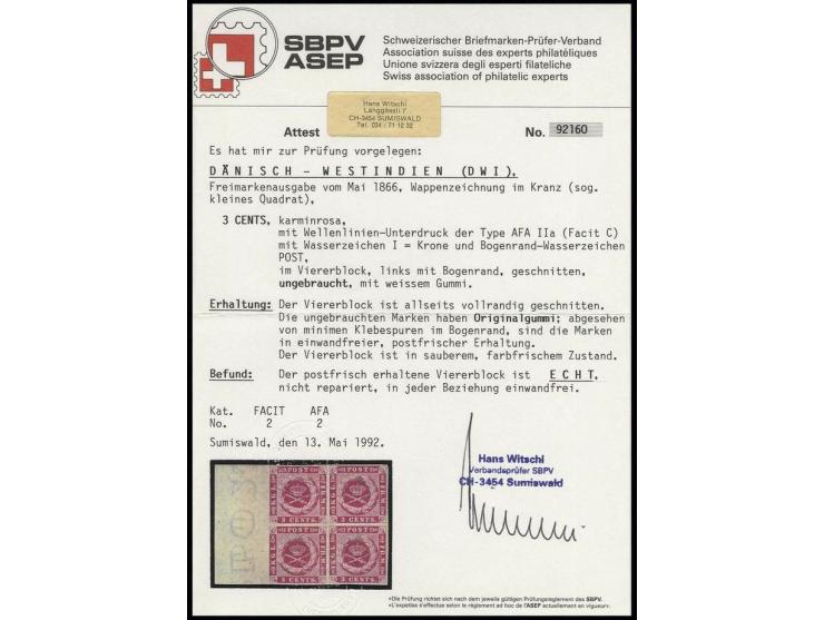 DANISH-WESTINDIA: 1866, 3 c. carmine, block of 4 with good margins and 18 mm sheet margin at left, unhinged mint, very fine, 