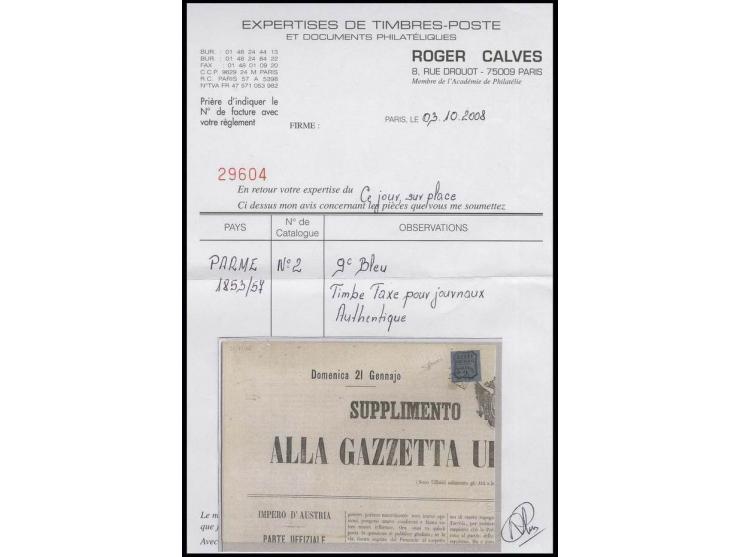 Parma: Newspaper stamps: 1853, 9 c. on blue, tied by small grid to newspaper "SUPLIMENTO NUM. 3. ALLA GAZZETTA UFFIZIALE DI M