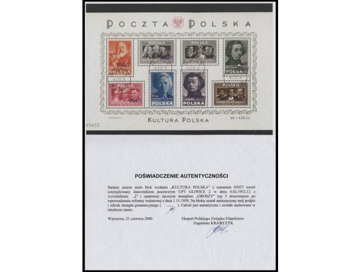Culture souvenir sheet with handstamp "GROSZY" in type 3, cancelled "GLIWICE 4.2.52", fine, sign. Krawczyk with certificate