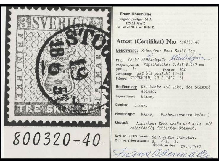 1855, TRE SKILL. Bco. light bluish-green, extremely well centered, fresh colour and perfect perforation, cancelled by almost 