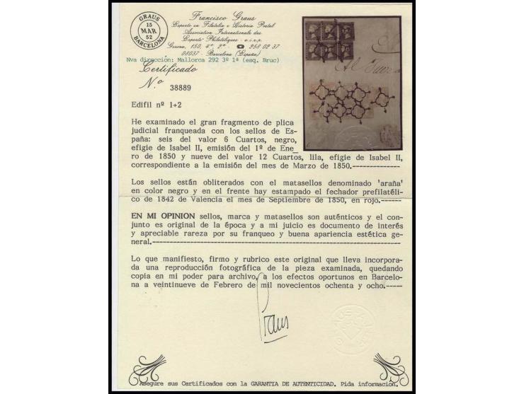 6 c., plate 2, block of 4 and 2 single stamps with 12 c. lilac, 3 vertical pairs and 3 singles, tied by black spider cancel t