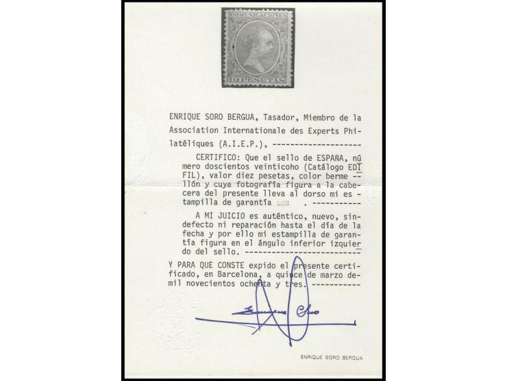 1889, Alfons XIII 10 pta. vermilion, unused o.g., very fine, sign. Roig and Soro Bergua with certificate (Edifil-no. 228)