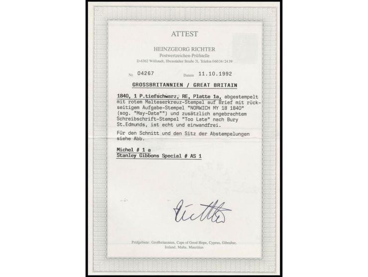 1 d. black, plate 1 a, RE, good margins, tied by clear red MC to folded cover from "NORWICH 13.5.", straight line "Late" on r