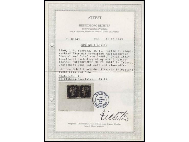 1 d. black, plate 2, horizontal pair IK-IL, good to wide margins, used with 2 clear strikes of black MC to small letter from 