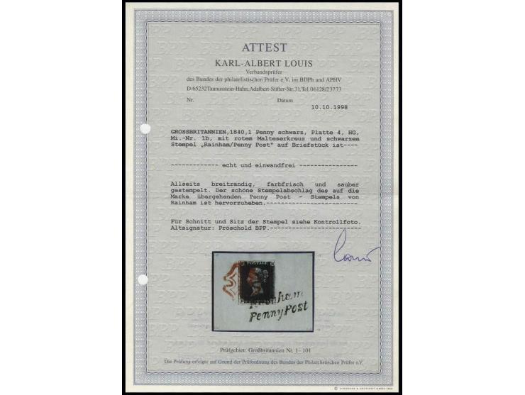 1 d. black, plate 4, HG, large to very large margins, tied by red MC and double line "Rainham/Penny Post" to piece, superb, s