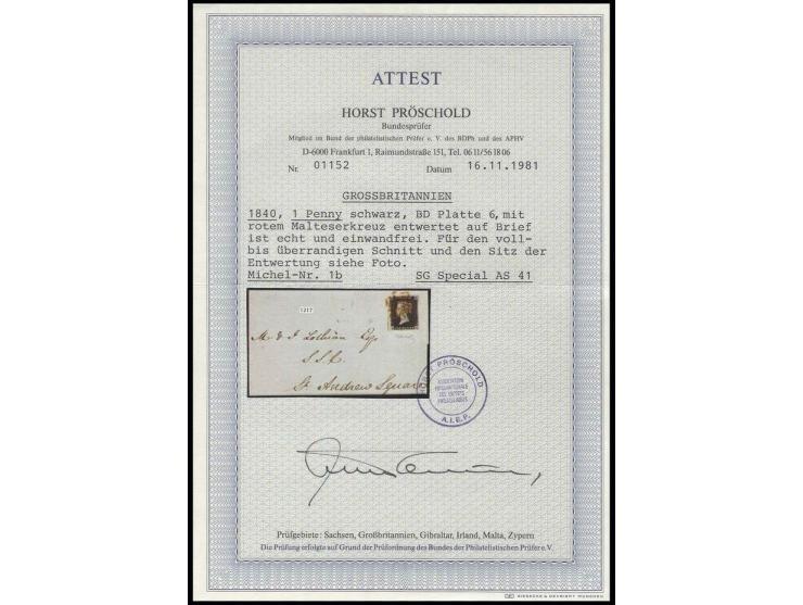1 d. black, plate 6, BD, good to large margins and part of adjoining stamp at left, tied by clear red MC to folded cover, min
