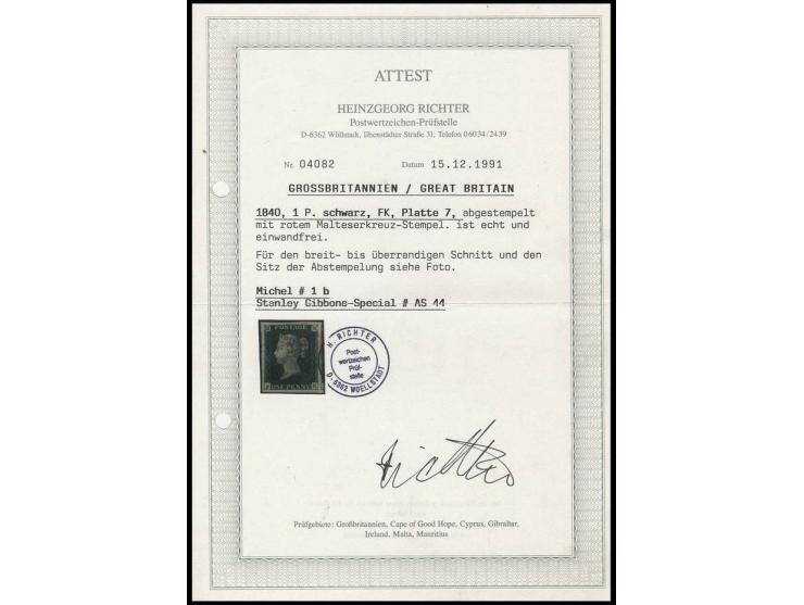 1 d. black, plate 7, FK, very large to enormous margins with parts of 4 neighbour stamps, light-red MC, superb, certificate H