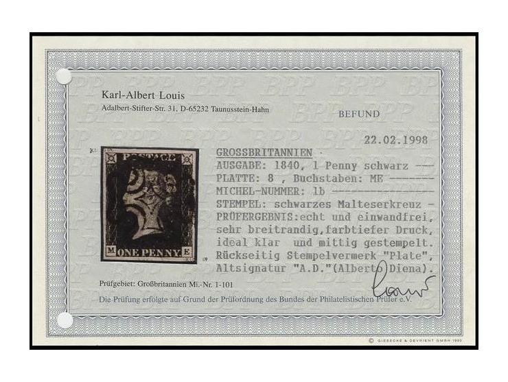 1 d. black, plate 8, ME, clear central black MC, large margins, very fine, sign. AD and opinion Louis BPP