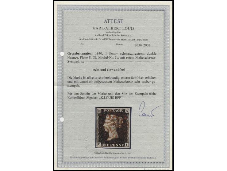 1 d. black in very deep shade, plate 8, OI, large margins and central clear brownish-red MC; superb, certificate Louis BPP