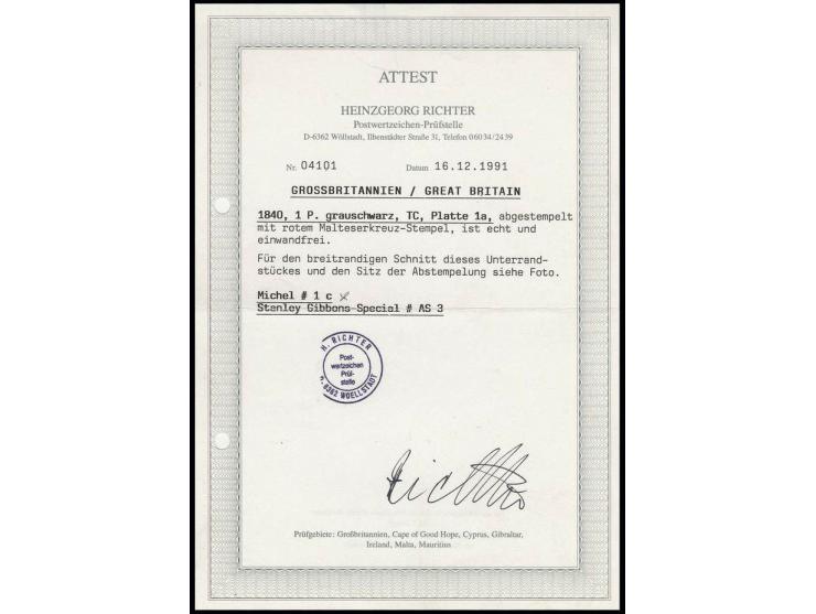 1 d. grey-black, plate 1A, TC, large to enormous margins with small lower sheet margin, used by clear red MC, very fine, cert