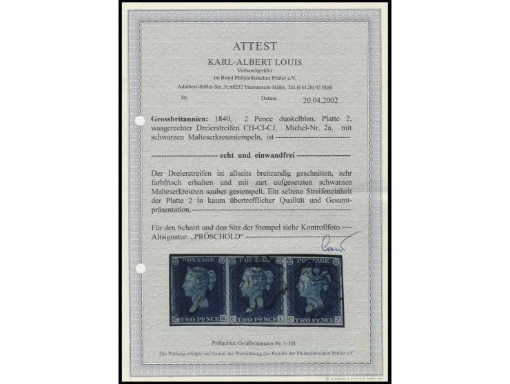 2 d. deep-blue, plate 2, horizontal strip of 2 CH-CJ, good to wide margins and light-black MC; beautiful deep colour, a super
