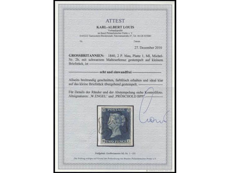 2 d. blue, plate 1, ML, full to wide margins, tied by clear black MC to small piece, very fine, sign. W. Engel and Pröschold 