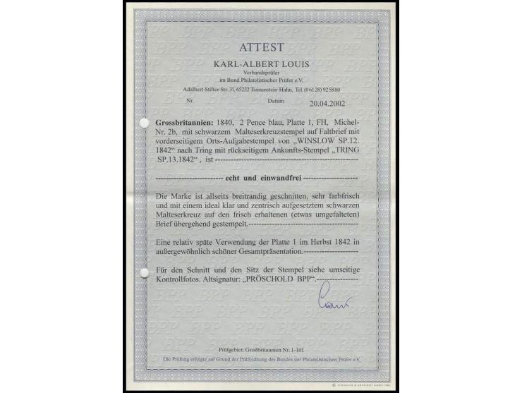 2 d. blue, plate 1, FH, good to mostly large margins and fresh colour, tied by crisp central black MC to folded letter from "