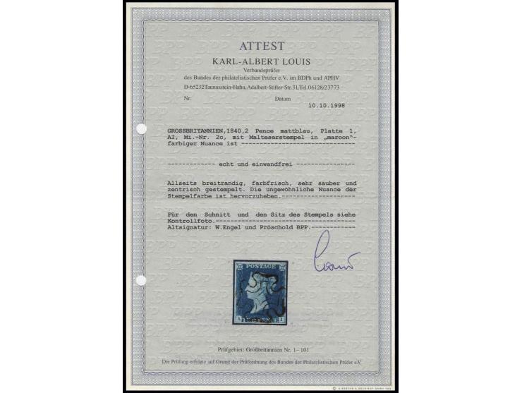 2 d. pale-blue, plate 1, AI, good to wide margins and fresh colour, showing central clear strike of maroon MC, very fine and 