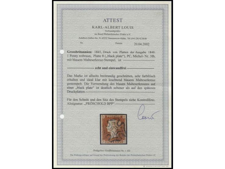 1841, 1 d. red-brown, plate 8 ("black plate"), PC, large to very large margins, central blue MC, extremely fine, sign. Prösch