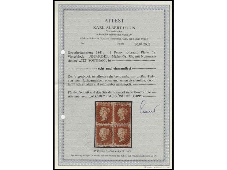 1 d. red-brown, plate 58, block of 4, JE/KF, wide to enormous margins with parts of neighbours at top and bottom, lightly can