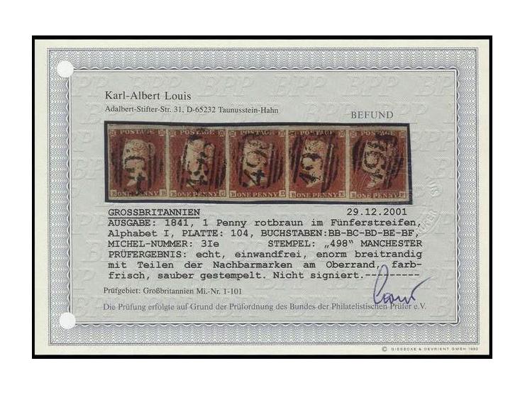1 d. red-brown, plate 4, horizontal strip of 5, "BB"-BF", good to mostly very wide margins with parts of 3 adjoining stamps a