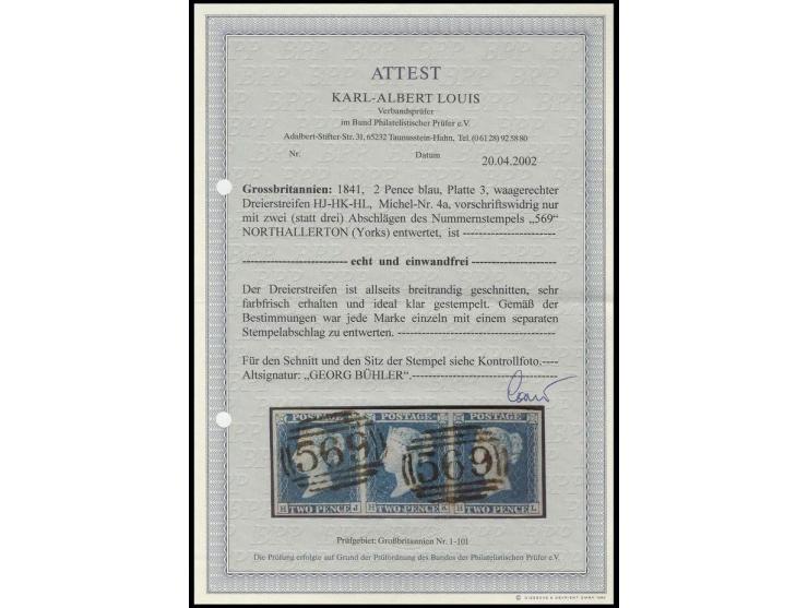 2 d. blue, plate 3, horizontal strip of 3, HJ-HL, with 2 clear full strikes of numeral "569" NORTHALLERTON, extremely fine, c
