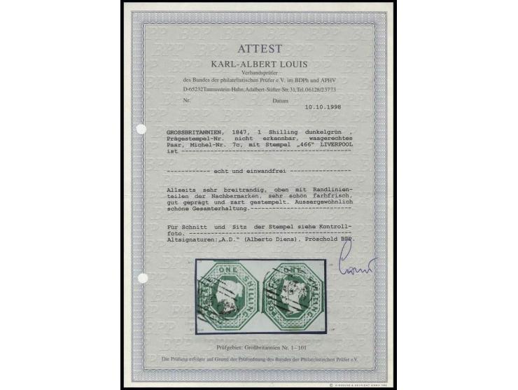 1847/54, 1 sh. deep-green, horizontal pair with large margins, small parts of 2 adjoining stamps, lightly cancelled "466", ex