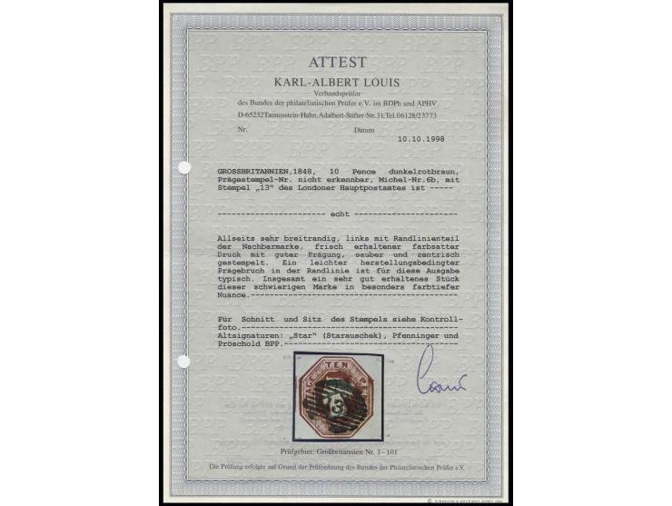 10 d. brown, good to large margins, cancelled with central "13" of London, slight paper break in the margin of embossing, sti