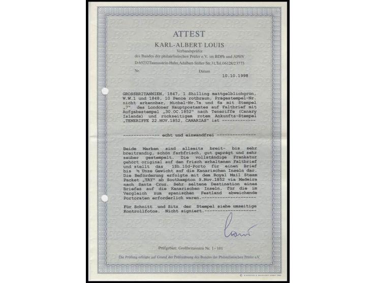 10 d. brown and 1 sh. green, both with wide to very wide margins, cancelled by clear numeral "7" to lettersheet of 30.10.1852