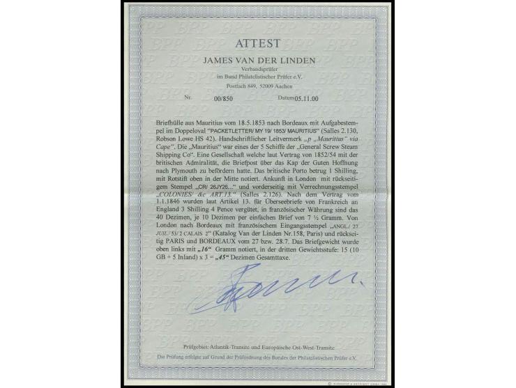 1853, "PACKETLETTER MAURITIUS MY 18 1853" on triple rate lettersheet via the Cape of Good Hope to Bordeaux with red boxed "CO