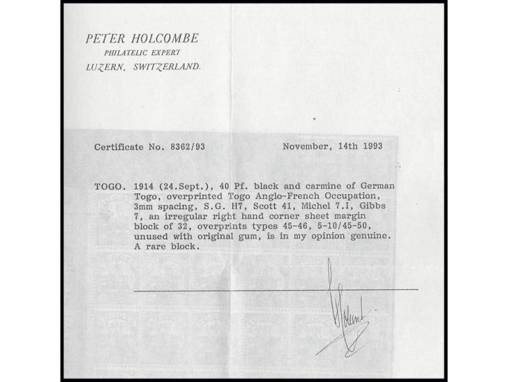 40 pfg. with right sheet margin, unhinged mint, fine, copy of certificate Holcombe for block of 32 ex Dr. Rueger