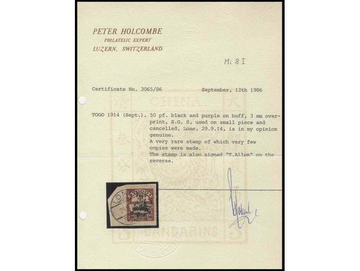 50 pfg. tied by clear cds "LOME 29.9.14" to piece (lifted for inspection and replaced with hinged), fine, signed A. Brun and 