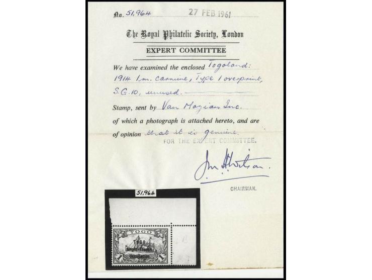 1 m. from upper right sheet corner, unused, fine, very scarce, certificate PF and RPSL (1960 resp. 1961) ex Dr. Rueger