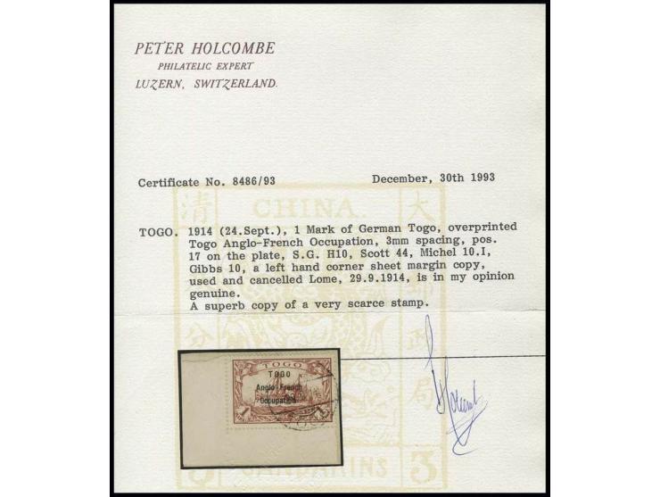 1 m. carmine from the lower left sheet corner tied by cds. "LOME 29.9.14" to piece, fine, a very attractive copy of this rare