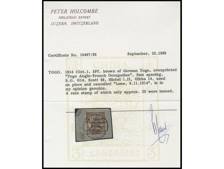 1914, 3 pfg., tied by clear cds. "LOME 6.11.14" to piece, little unfresh, otherwise fine and scarce, sign. Holcombe with cert
