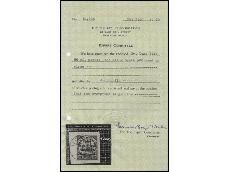 50 pfg. tied by clear cds "LOME 29.9.14" to piece, fine, signed A. Diena und certificate PF