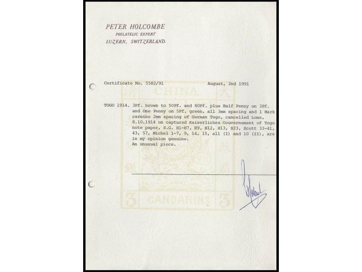 1 m. carmine with 10 other values, each tied by cds. "LOME 13.11.14" to reverse of stationary of the Imperial Government of T