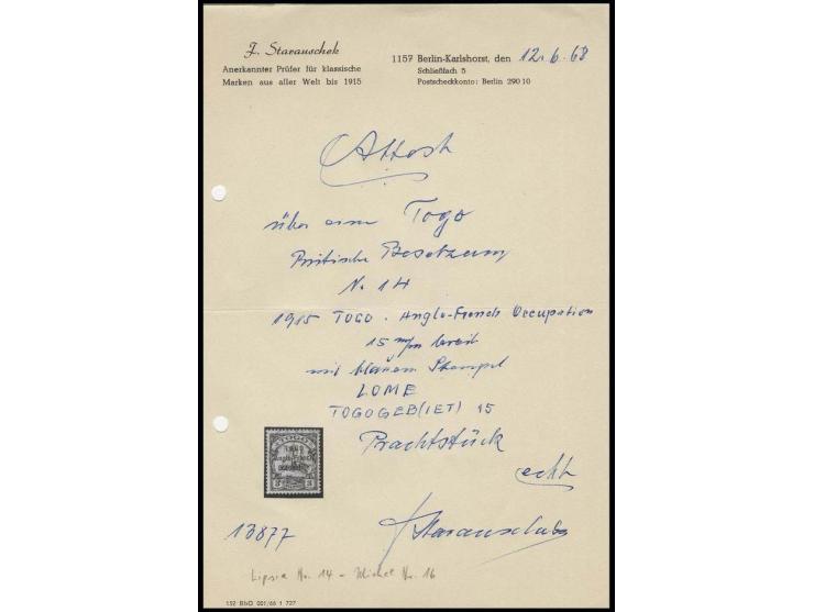1915, 3 pfg. with partial strike of "LOME", fine