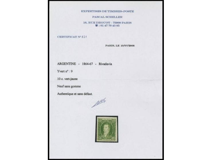 1864/67, Rivadavia imperforated with watermark: 10 c. green, very fresh with large to enormous margins, unused without gum, e