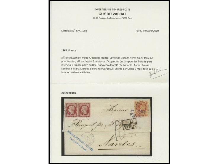 1868, 5 c. vermilion, tied by mute postmark to entire letter to France with combination franking Napoléon perforated 80 c. ro